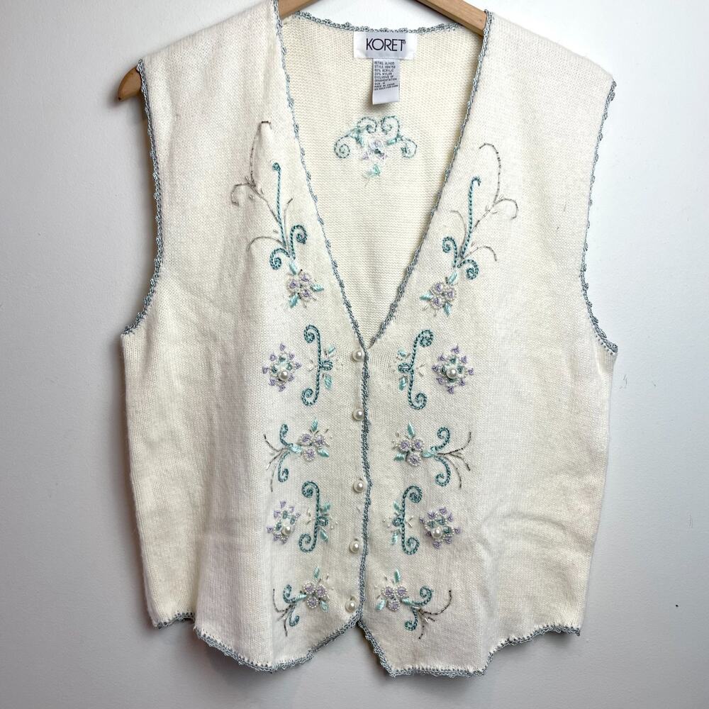 Vintage 90s Embroidered Sweater Vest Cardigan Medium Floral Cottage Crochet Trim
